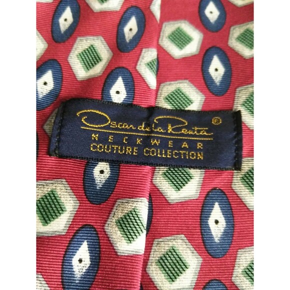 Vtg Lot of 2 Oscar de La Renta Silk Necktie Tie Mens Geometric Red Brown Draws - Picture 9 of 11